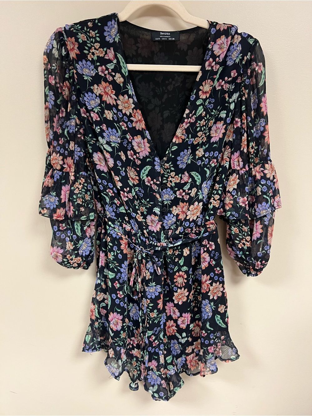 Bershka Black Floral Wrap Romper with Pastel Blooms